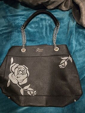 Guess Black Floral Embroidered Tote Bag